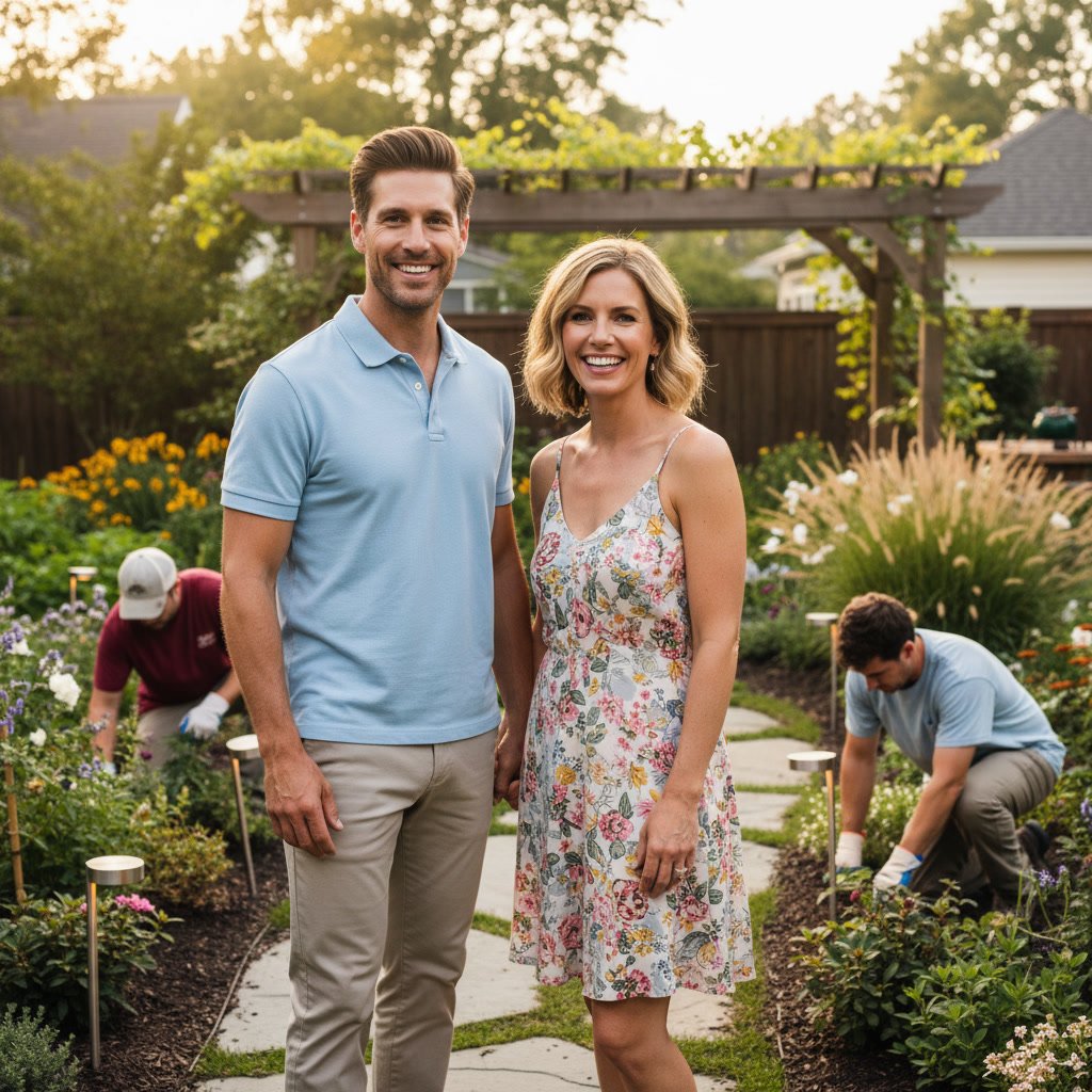 Landscaper edging flower bed next to maintained lawn in Kansas City yard