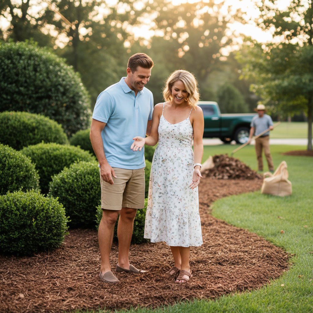 Healthy lawn with seasonal flower beds and mature trees in Weatherby Lake yard