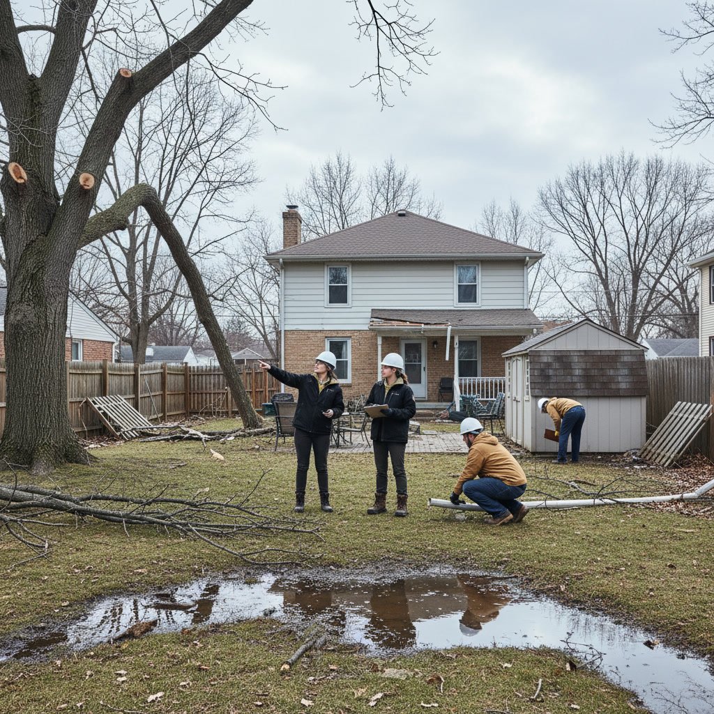 Liberty Missouri yard with storm debris and fallen branches after winter weather