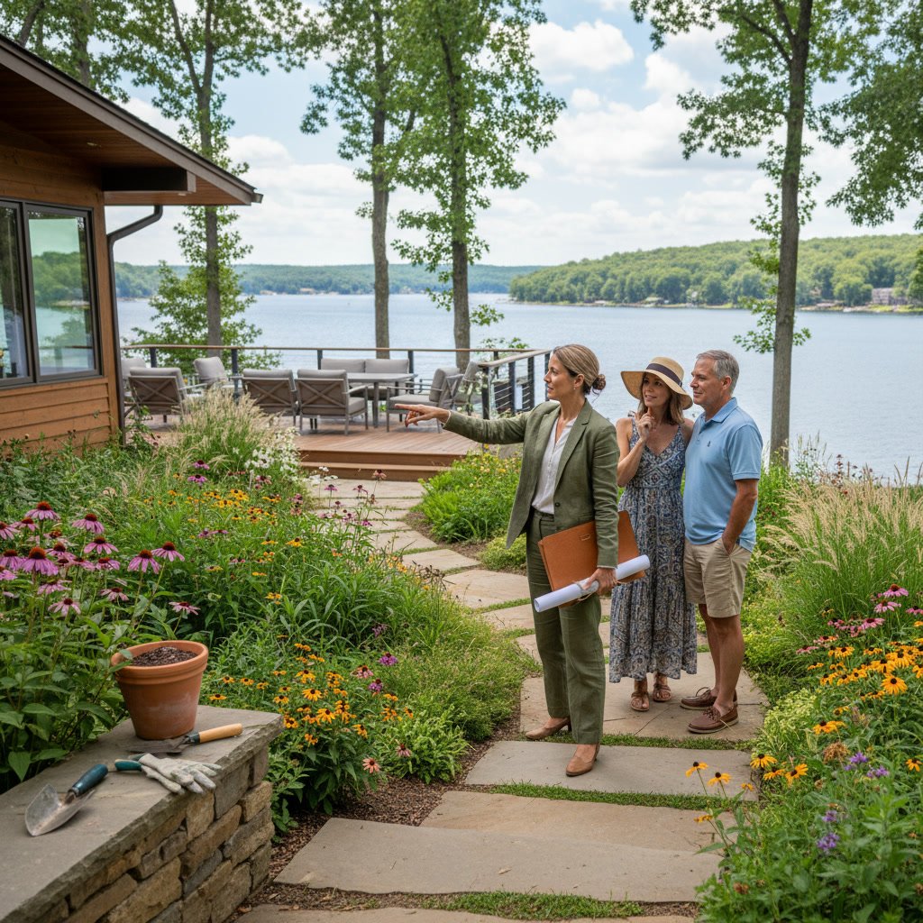 landscape designer reviewing design plans and material samples with homeowner