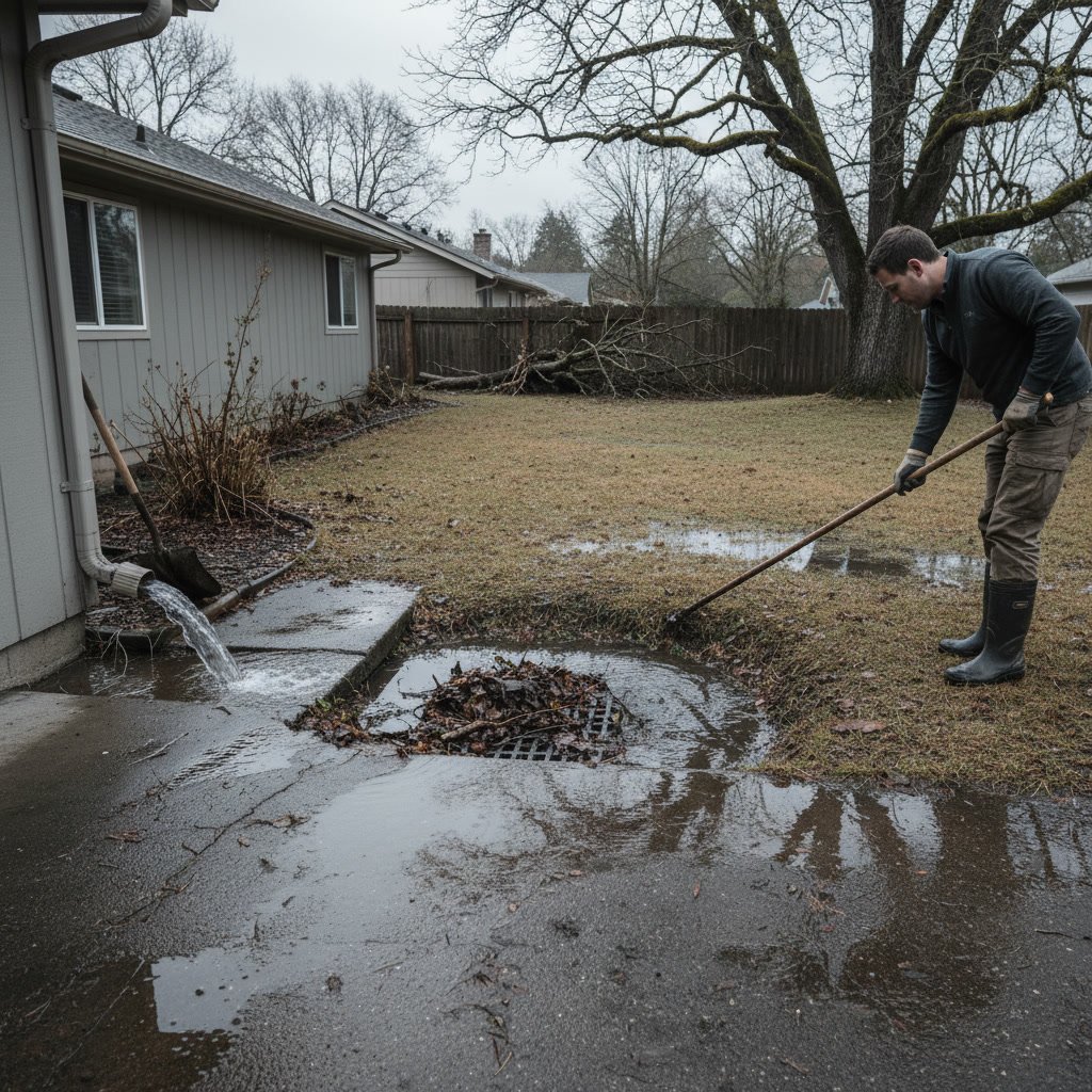 Homeowner raking matted grass and debris during spring yard cleanup in Liberty Missouri