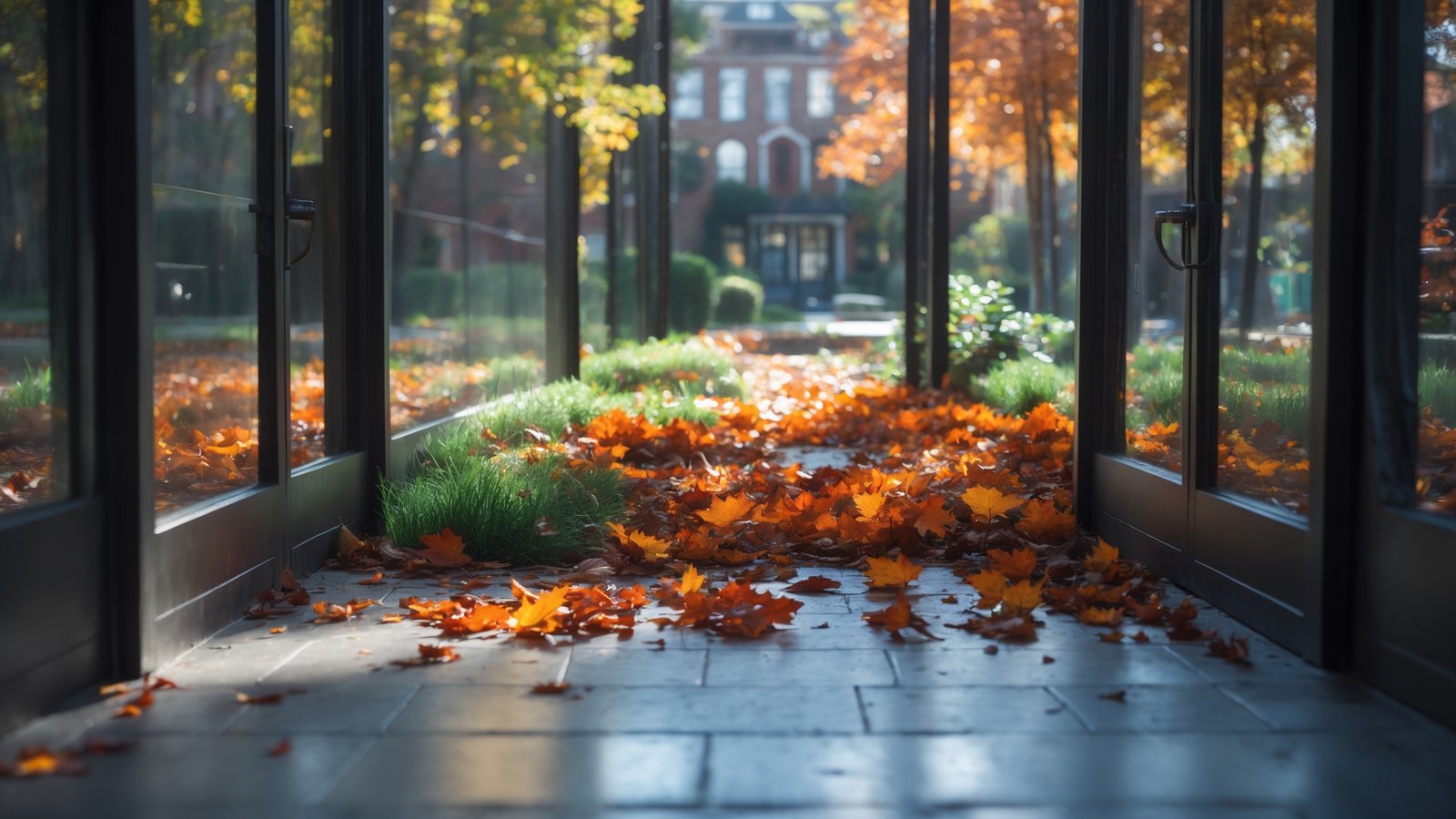 Lawn care professional performing fall leaf cleanup and yard maintenance