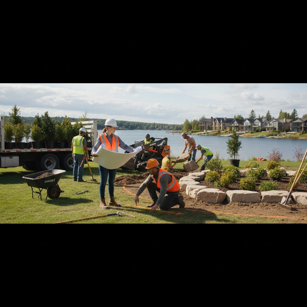 professional landscaping team installing designed landscape features in residential yard