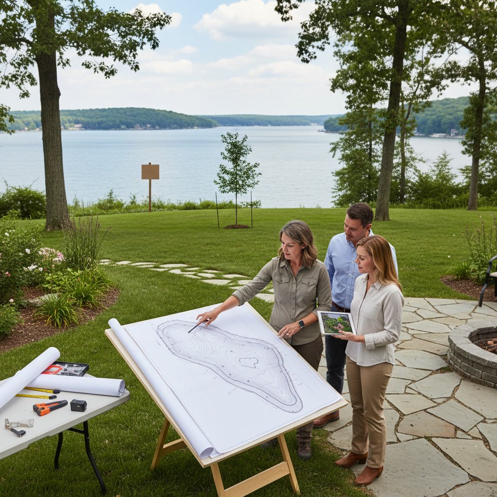 professional landscape designer conducting consultation with homeowner in Weatherby Lake Missouri yard