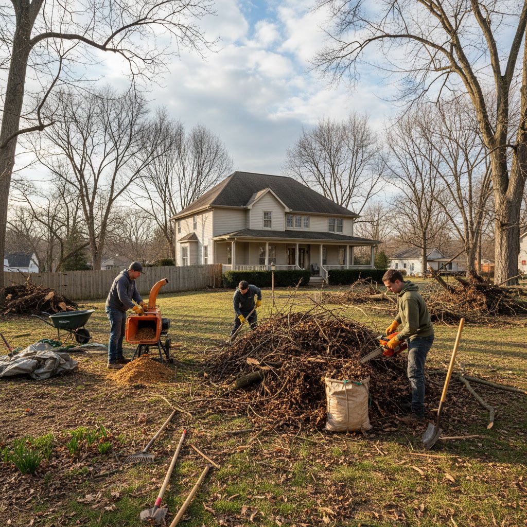 Storm damaged yard in Liberty Missouri with fallen branches and winter debris needing cleanup