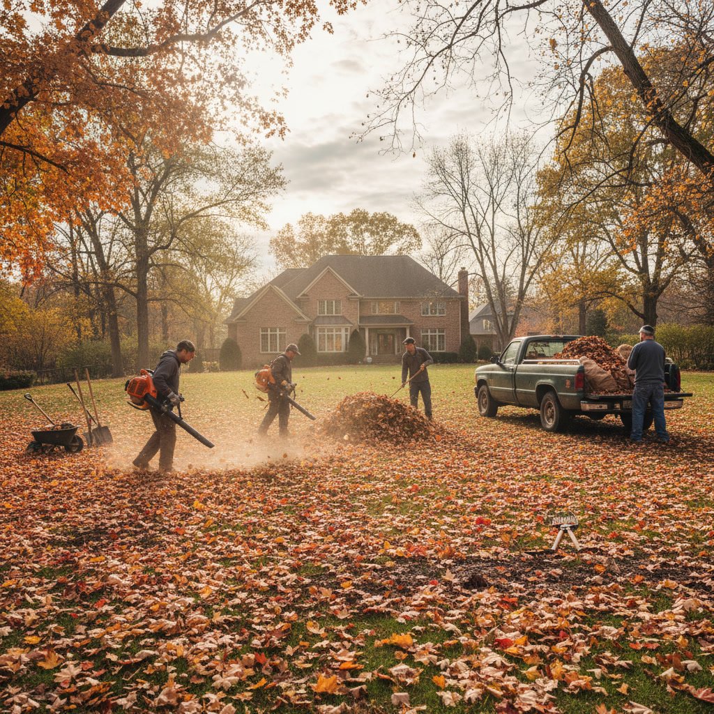 Professional fall yard cleanup service removing leaves from residential property lawn