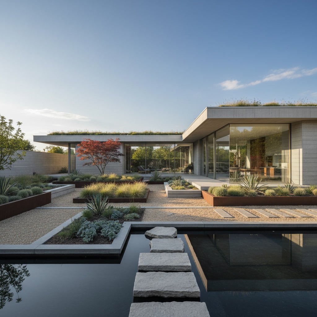 landscaping style matching home architecture with garden beds and walkways
