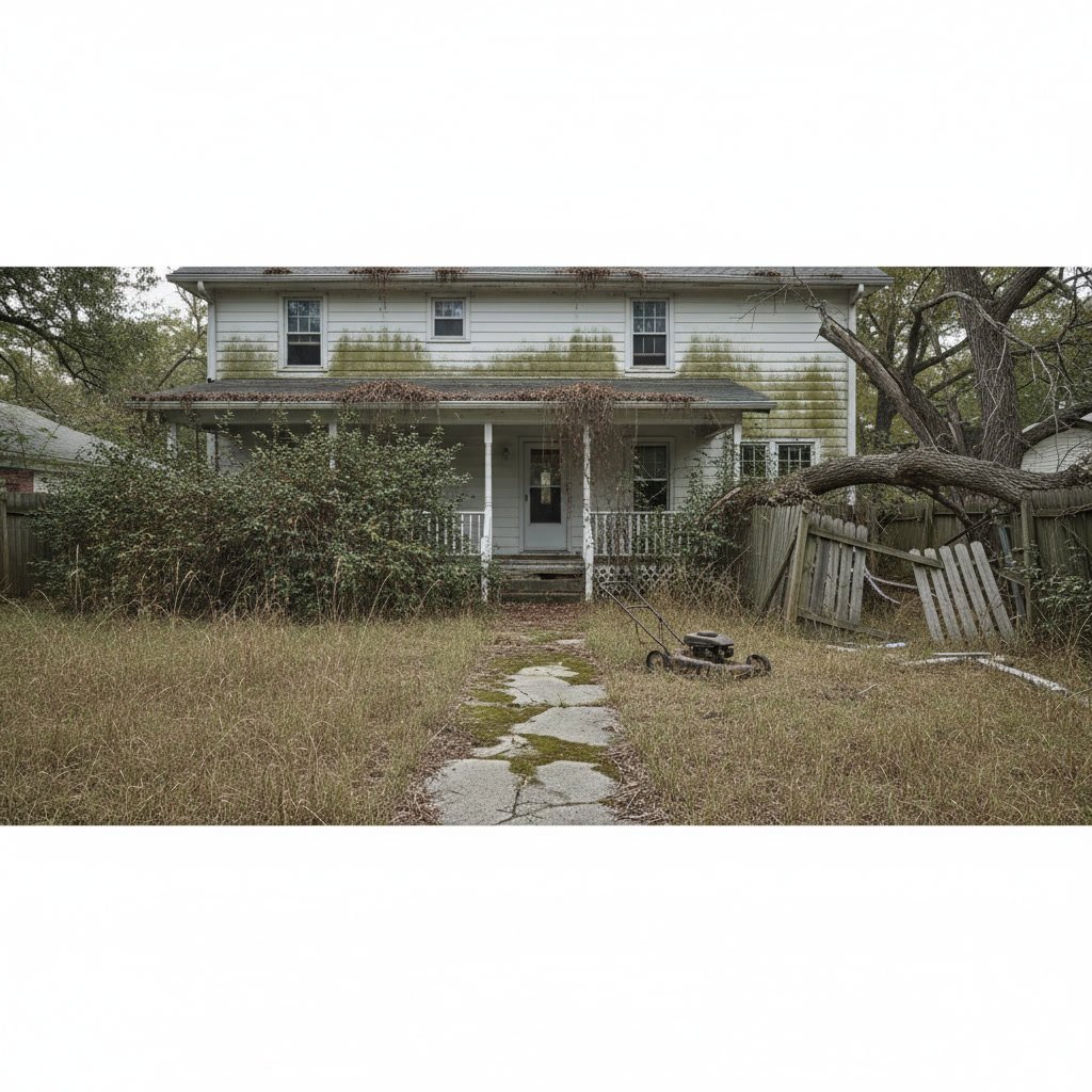 Overgrown shrubs and patchy lawn showing signs property needs landscaping services