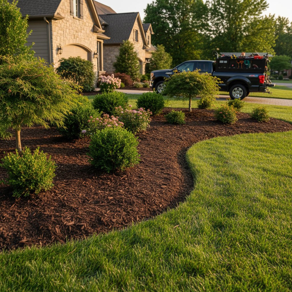 Well-maintained Parkville landscape with defined bed edges and fresh mulch