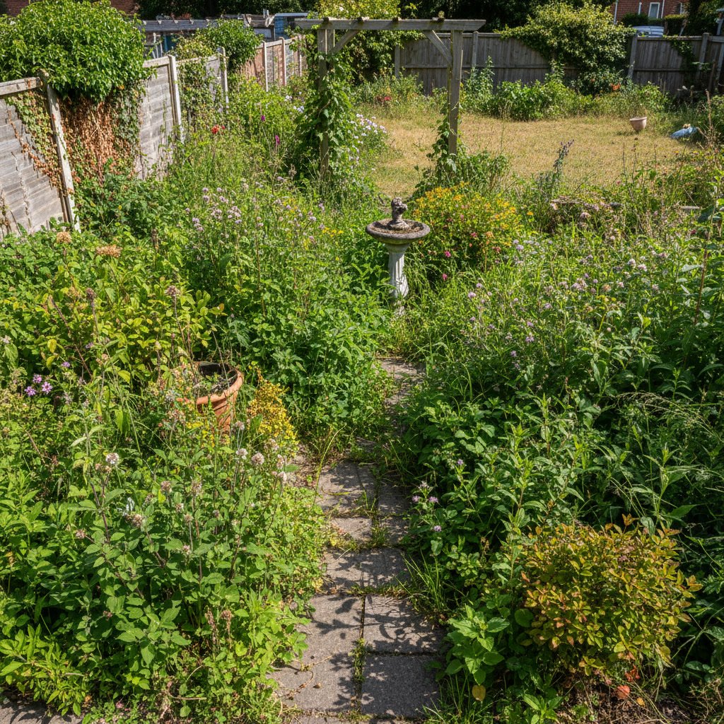 Professional landscaper assessing drainage issues and overgrown garden beds