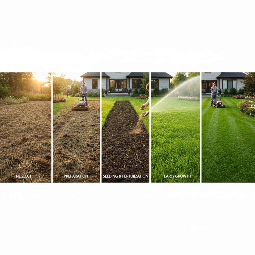 Professional landscaping crew restoring neglected lawn with equipment