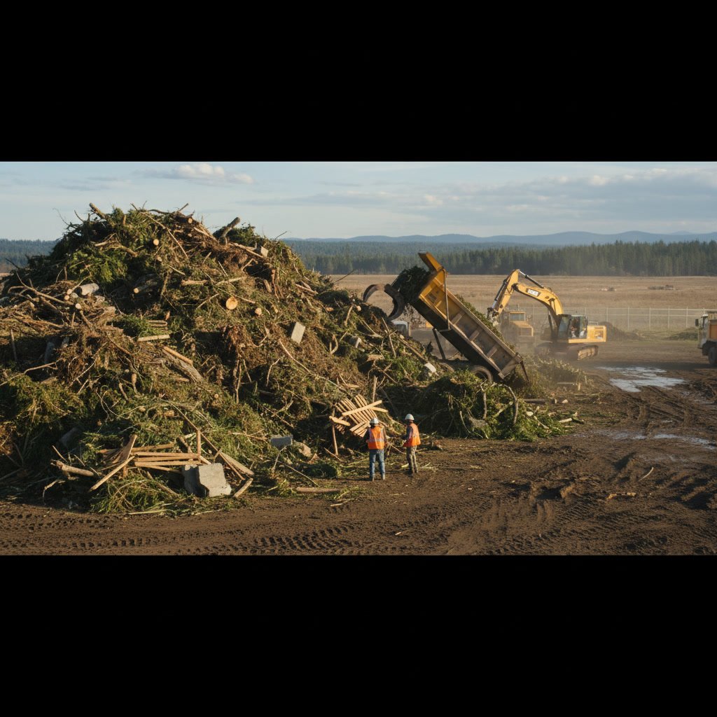 Landscape cleanup crew loading yard waste and debris into professional hauling truck