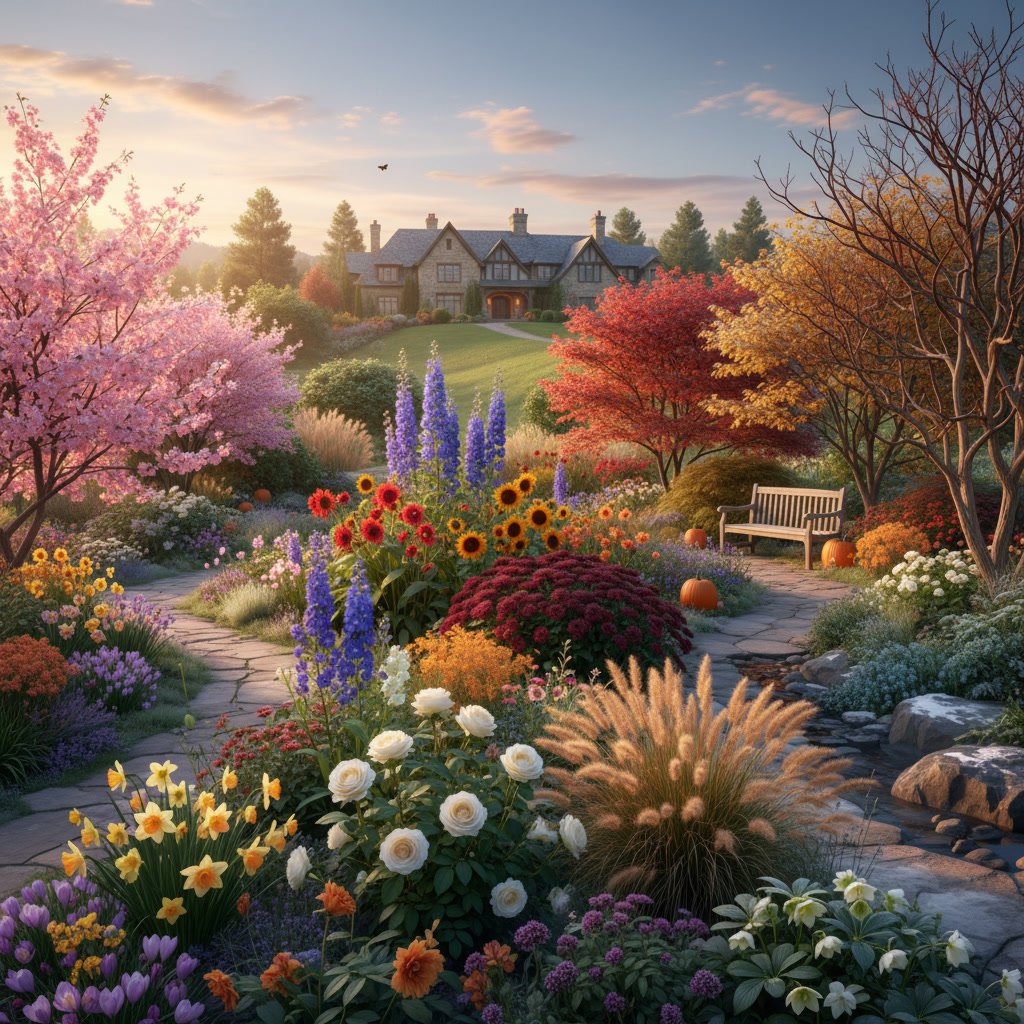 four season landscape design with colorful plants and evergreen structure
