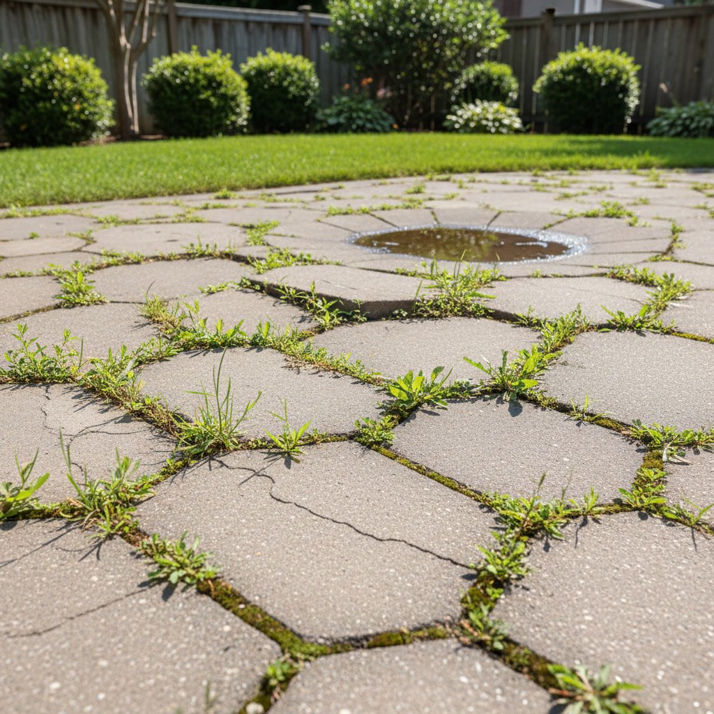 Cracked patio stones and overgrown landscape beds requiring professional maintenance