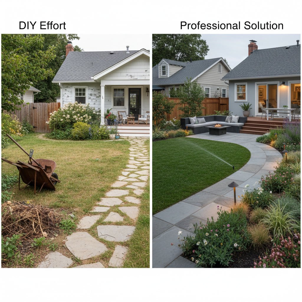 Professional landscaping equipment and healthy maintained lawn showing expert care results