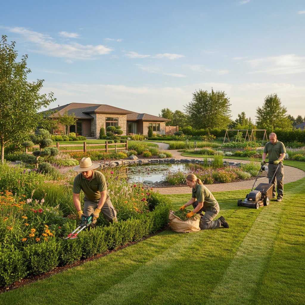 professional landscape maintenance on residential property in Parkville Missouri showing manicured lawn and tr