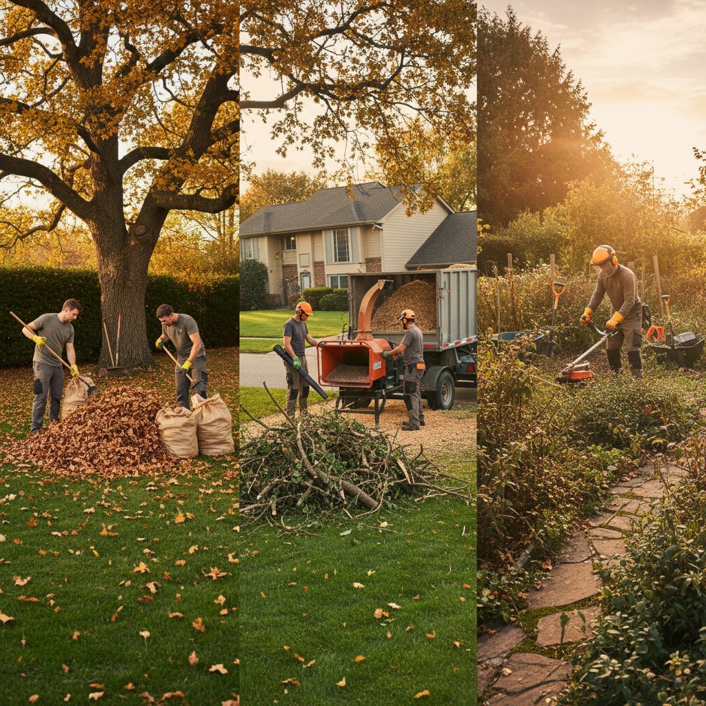 Professional yard cleanup crew working on residential property in Kansas City area