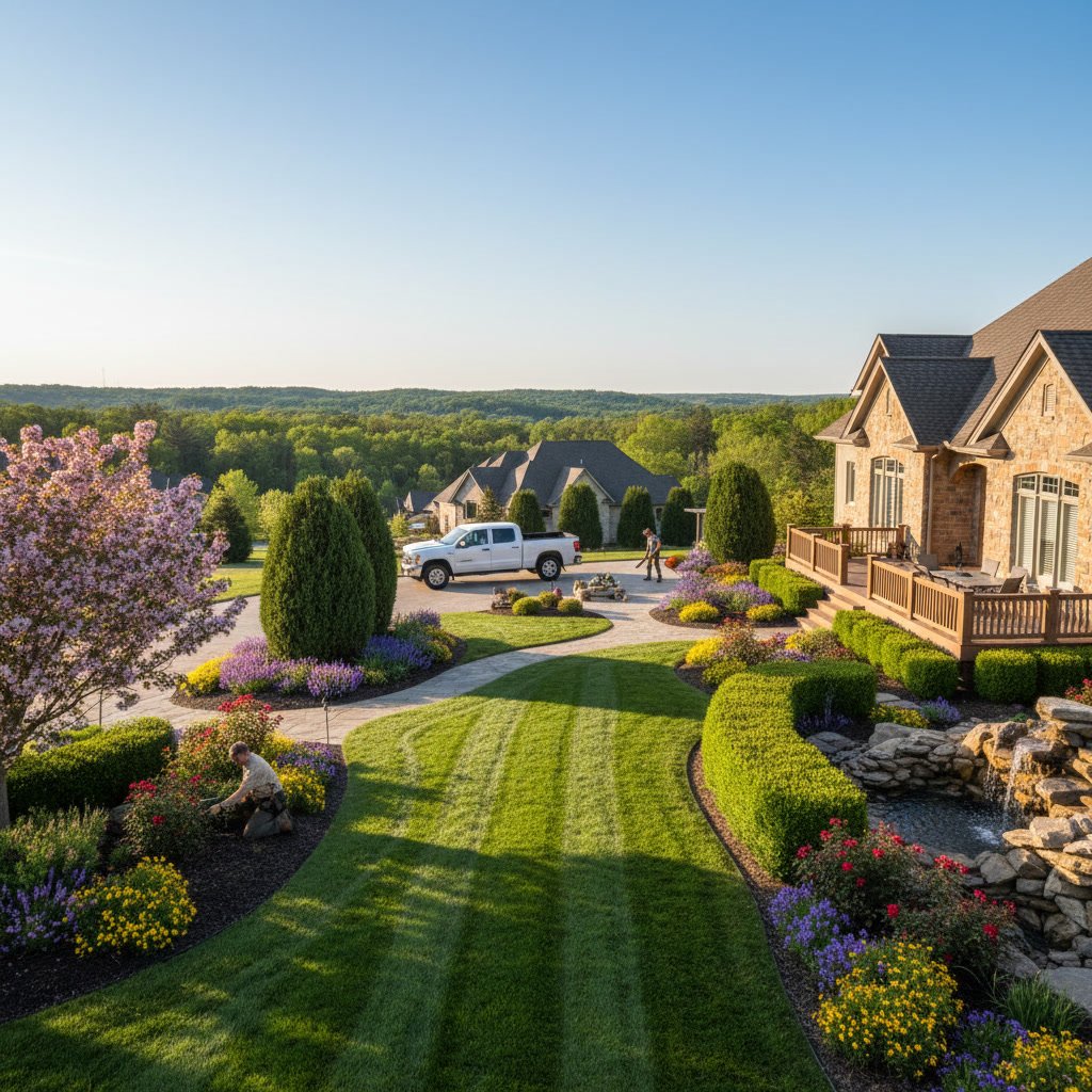 Beautiful well-maintained Parkville home landscape with healthy lawn and professional maintenance