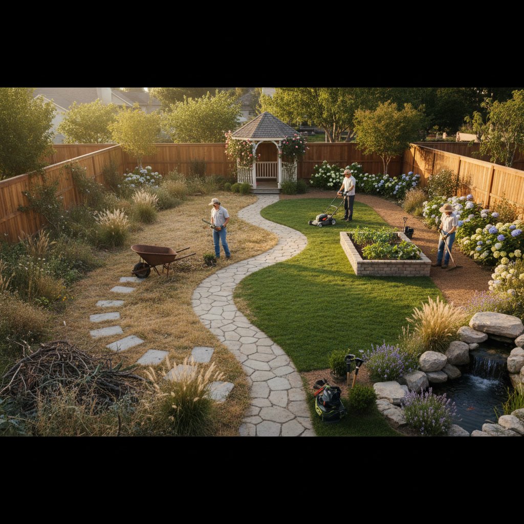 Professional landscaping team transforming neglected yard into beautiful landscape