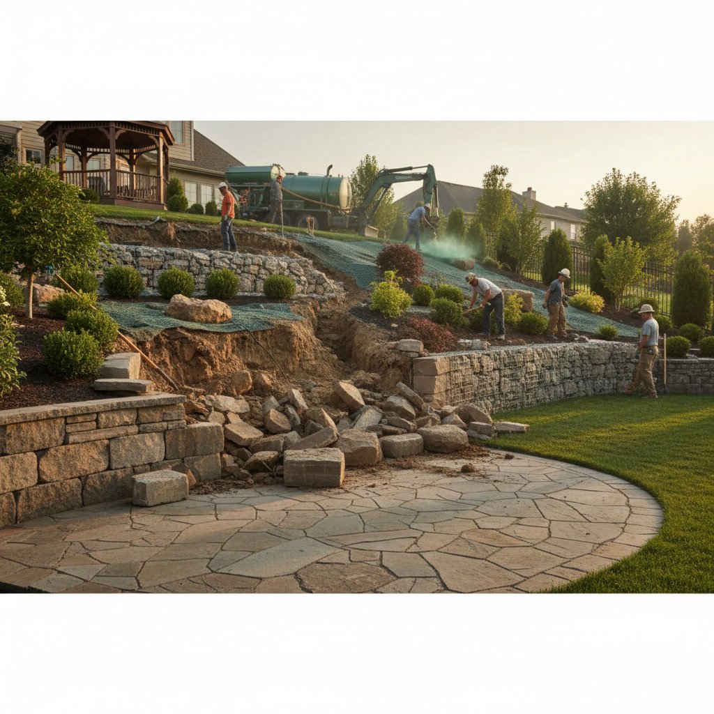 Terraced landscape design with ground cover plants preventing soil erosion on sloped yard