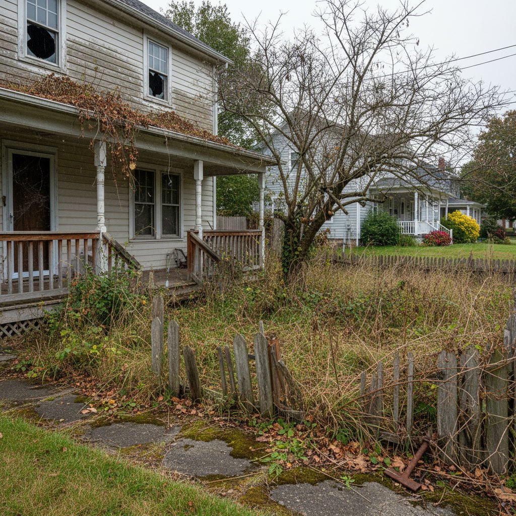 Professional crew removing overgrown vegetation from neglected property