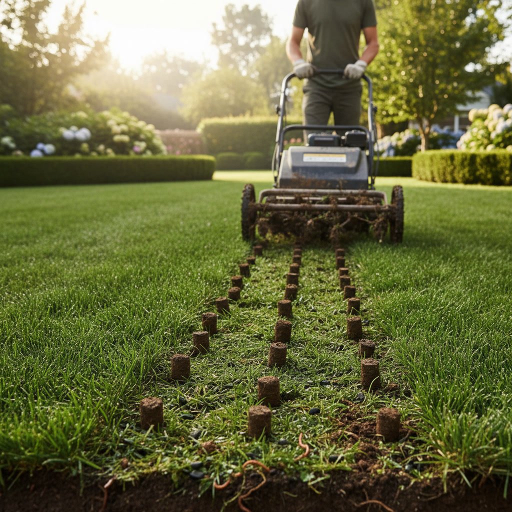 lawn aeration machine removing soil plugs from compacted grass