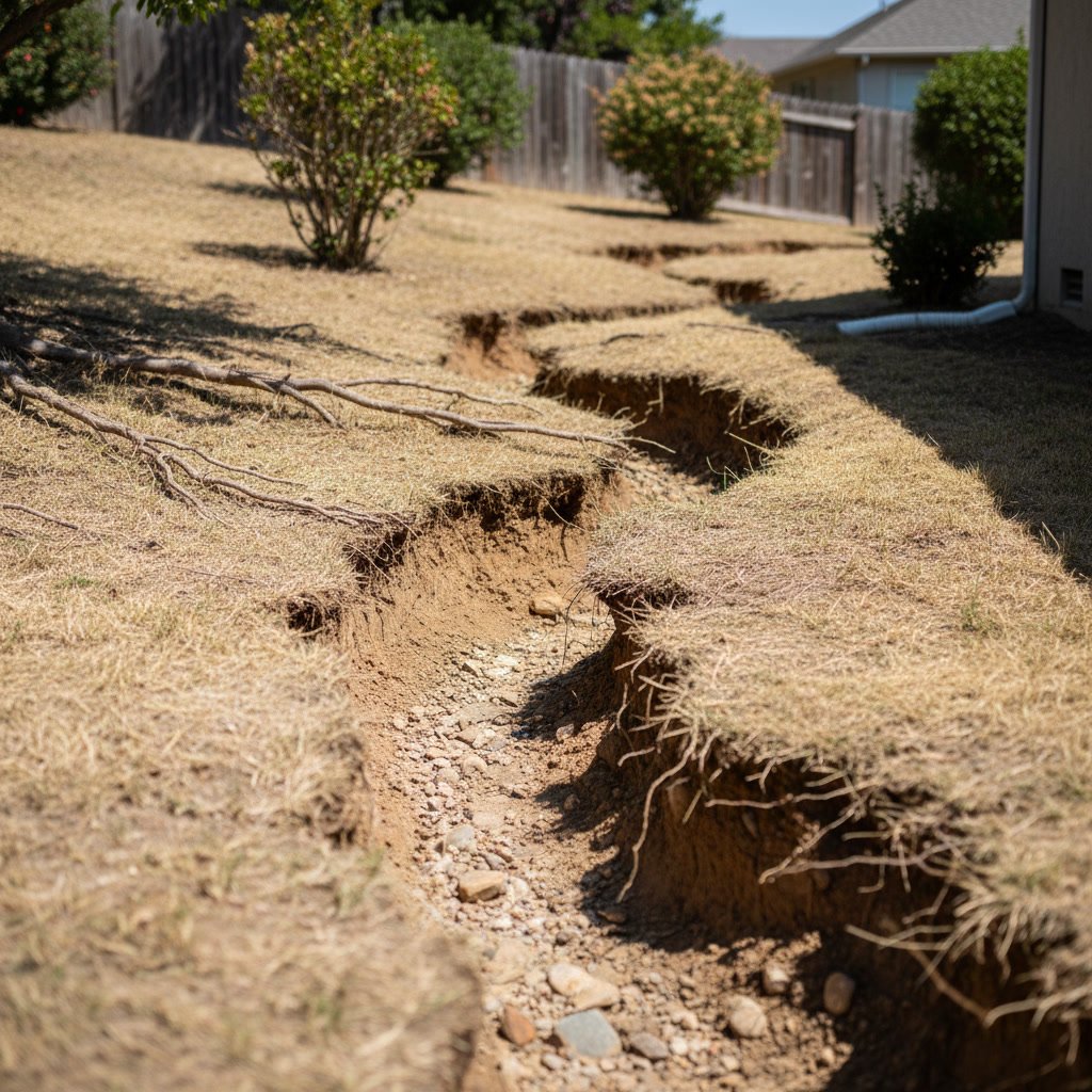 Soil erosion and bare spots indicating landscaping maintenance problems