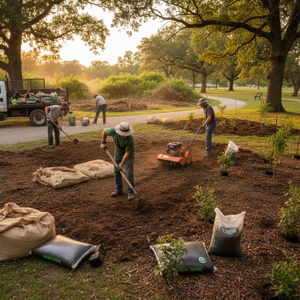 Landscape crew aerating and amending compacted soil on overgrown property