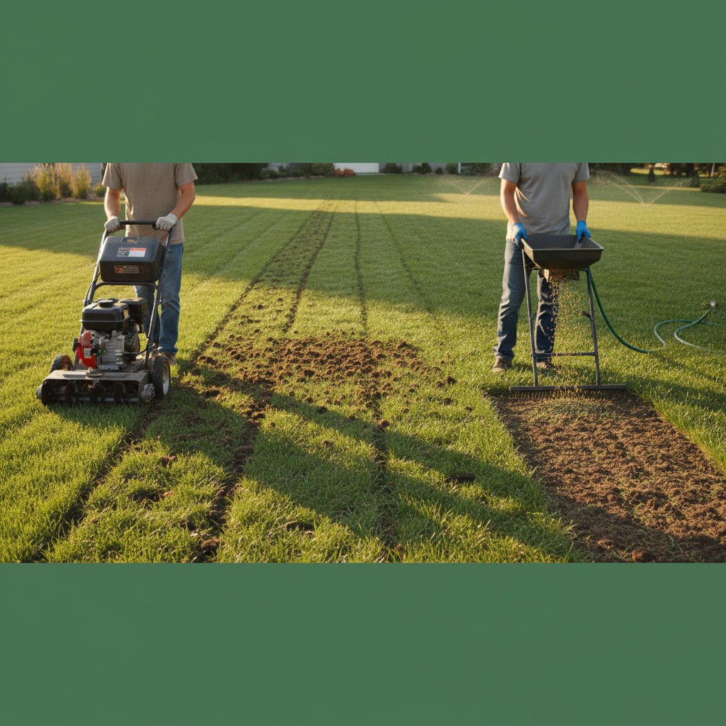 freshly aerated lawn with soil cores and grass seed spread evenly