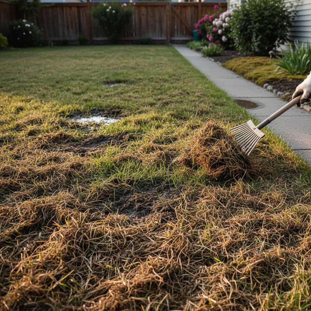 Professional dethatching equipment removing thatch layer from lawn