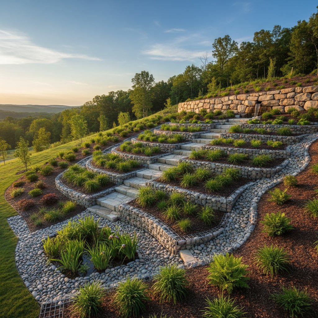 Professional landscaping installation with retaining wall and native plants for erosion control