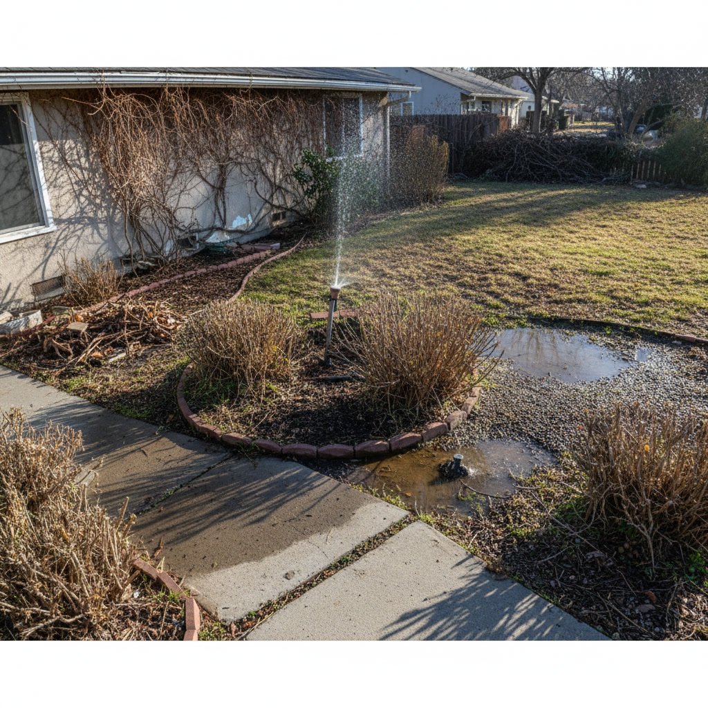 Professional landscaper assessing drainage and plant problems in residential yard