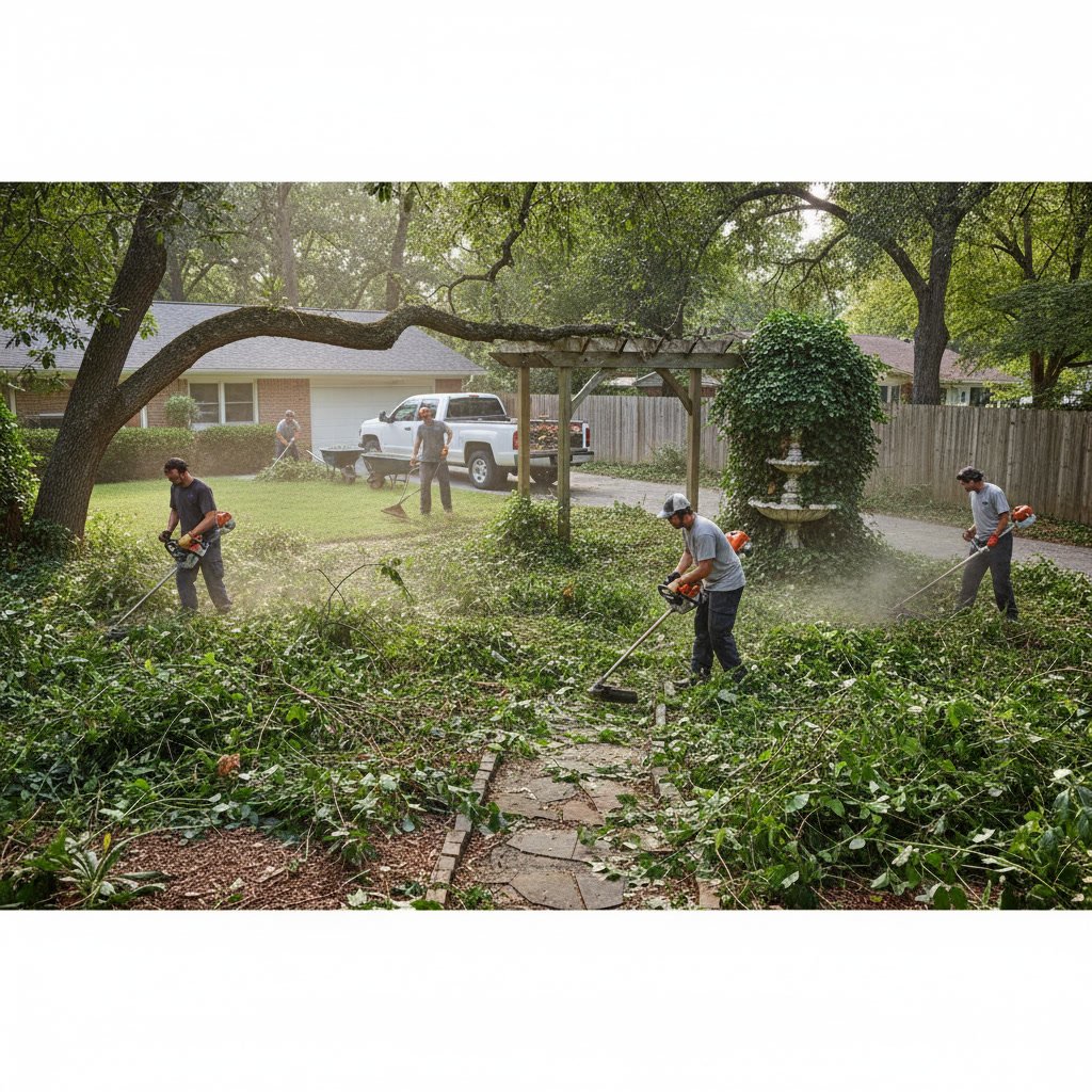 Overgrown property transformation showing before and after landscape restoration
