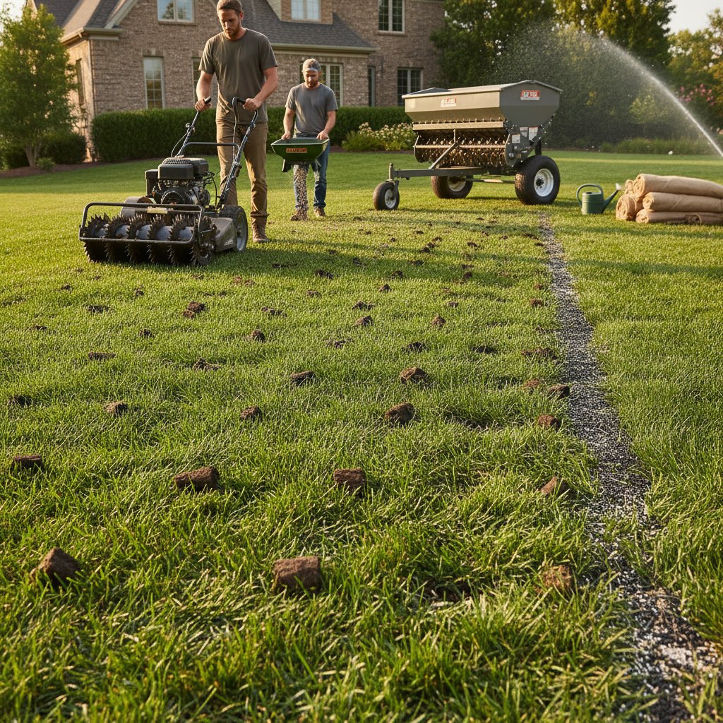 professional lawn aeration equipment on healthy green grass