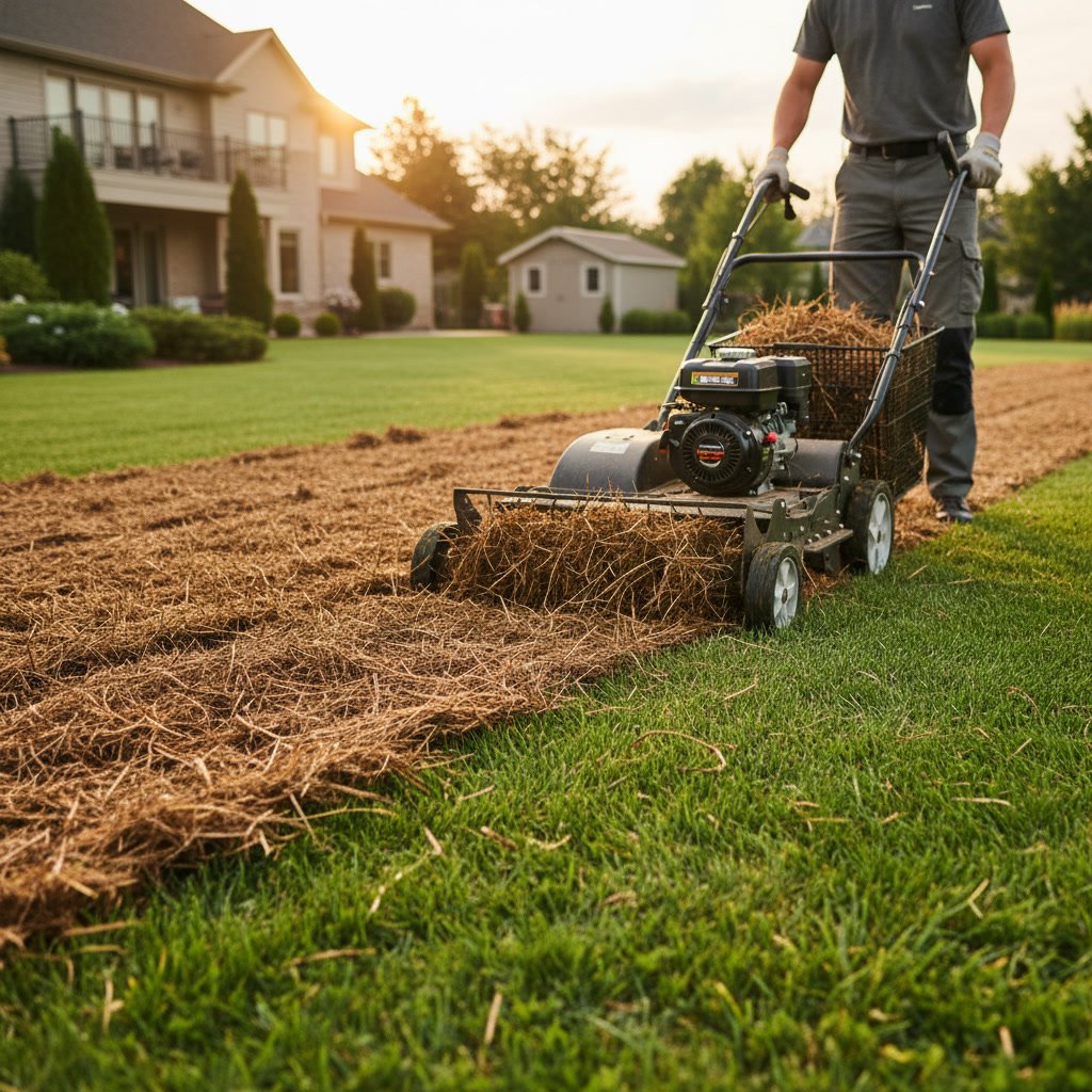 Professional lawn dethatching service improving grass health and soil contact