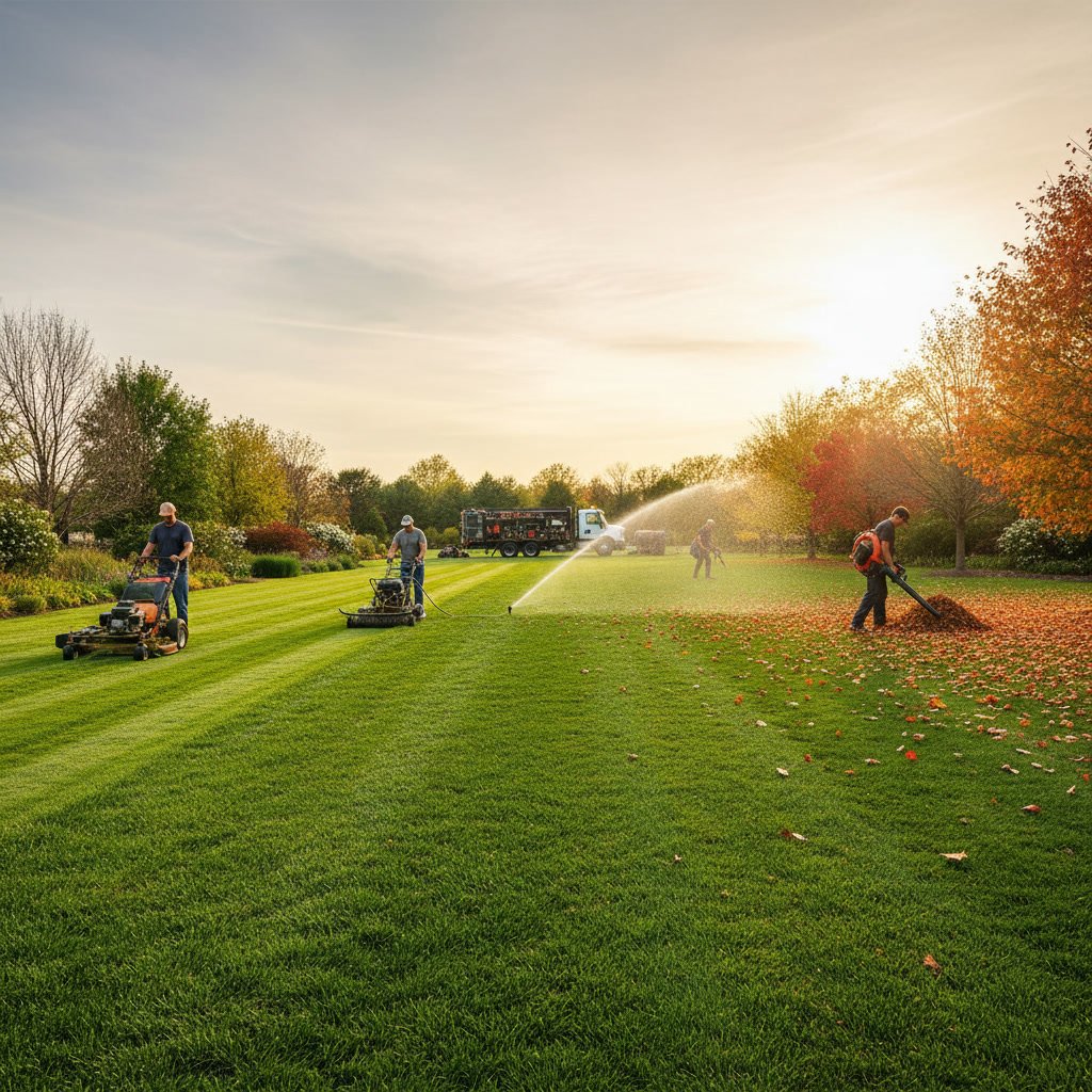 Professional lawn mower cutting grass to optimal height during peak growing season