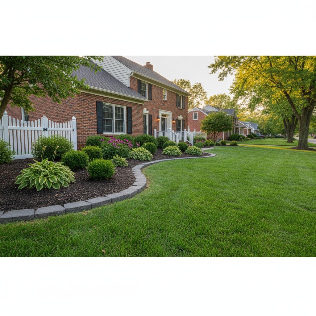 Well-maintained landscape bed with metal edging preventing grass invasion