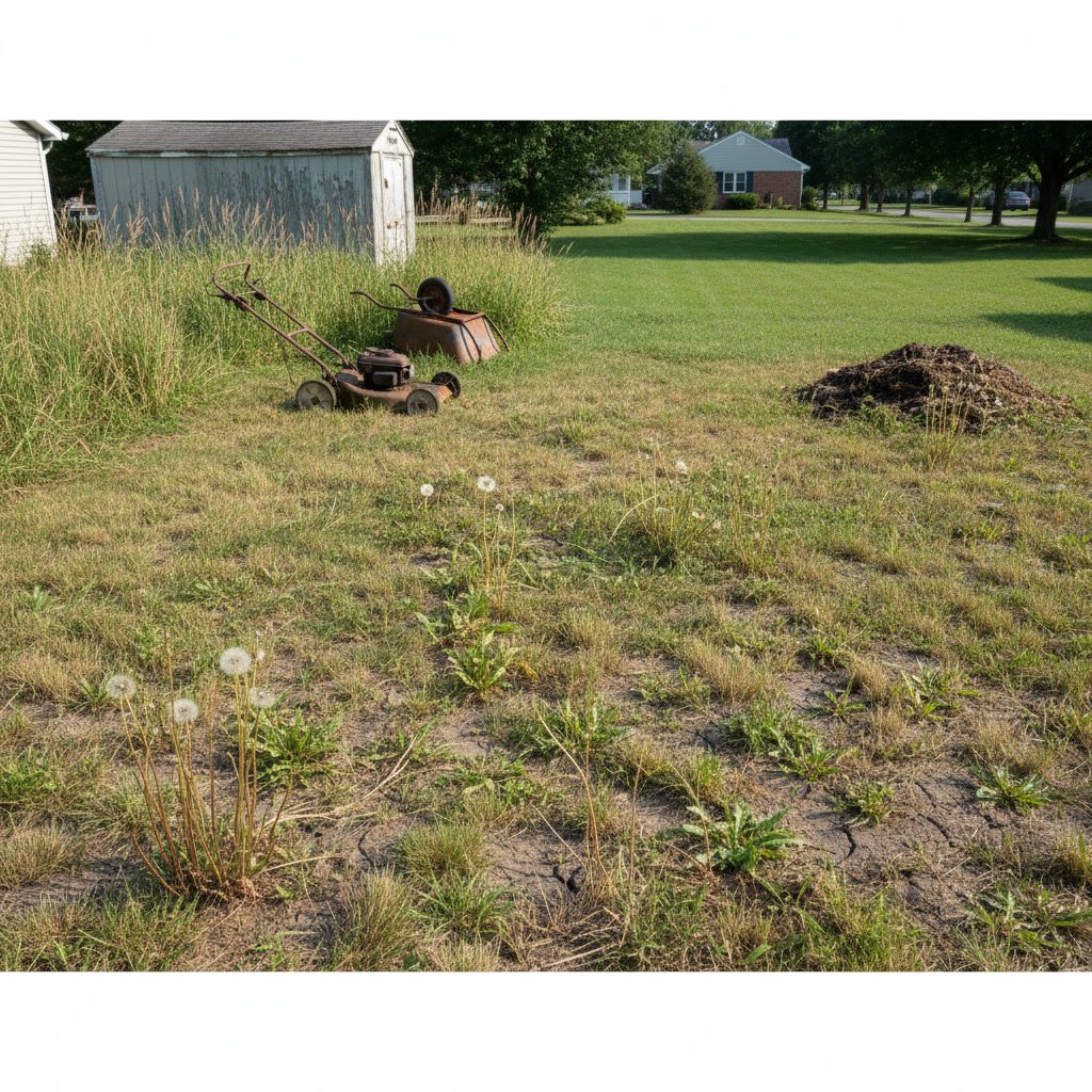 Comparison showing healthy maintained lawn versus overgrown neglected grass with weeds