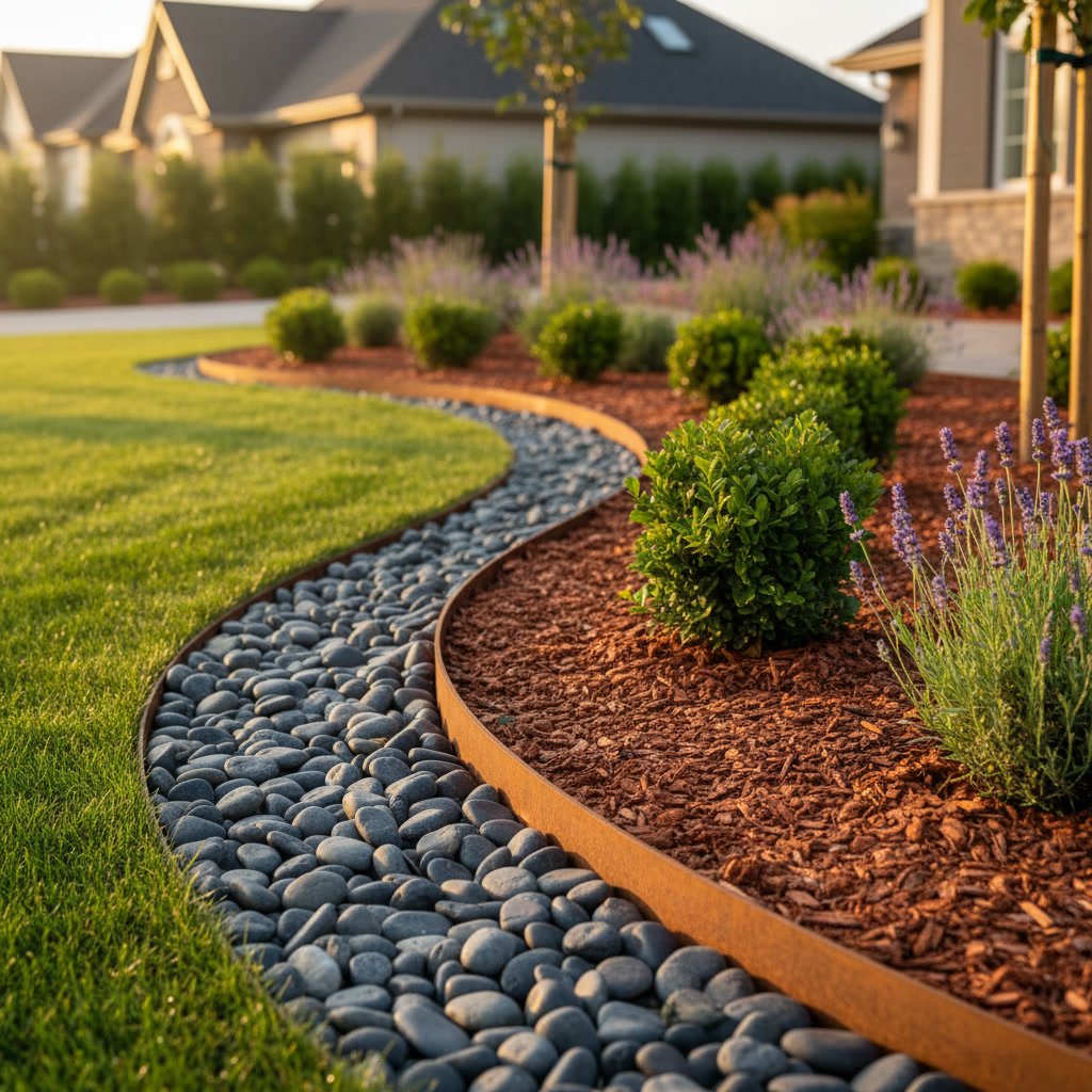 Curved landscape bed edging creating defined borders around flower gardens
