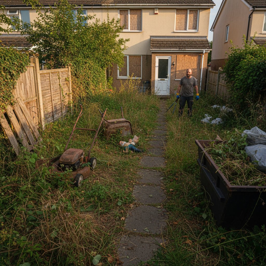Lawn care professional performing restoration work on neglected overgrown property