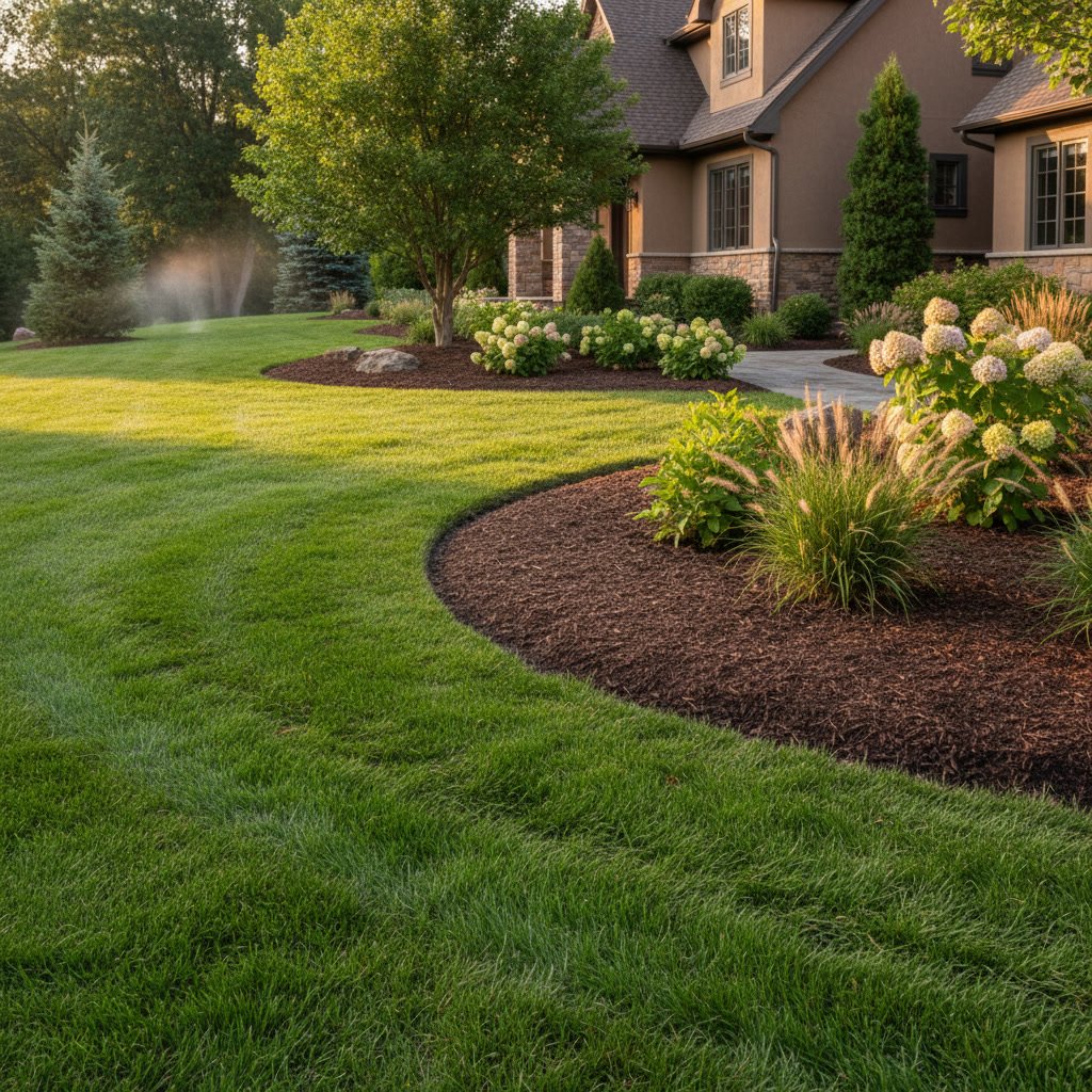 Professional landscape bed edging with clean borders between lawn and mulch beds