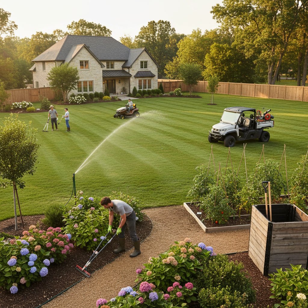 Professional lawn maintenance crew edging along driveway and sidewalk