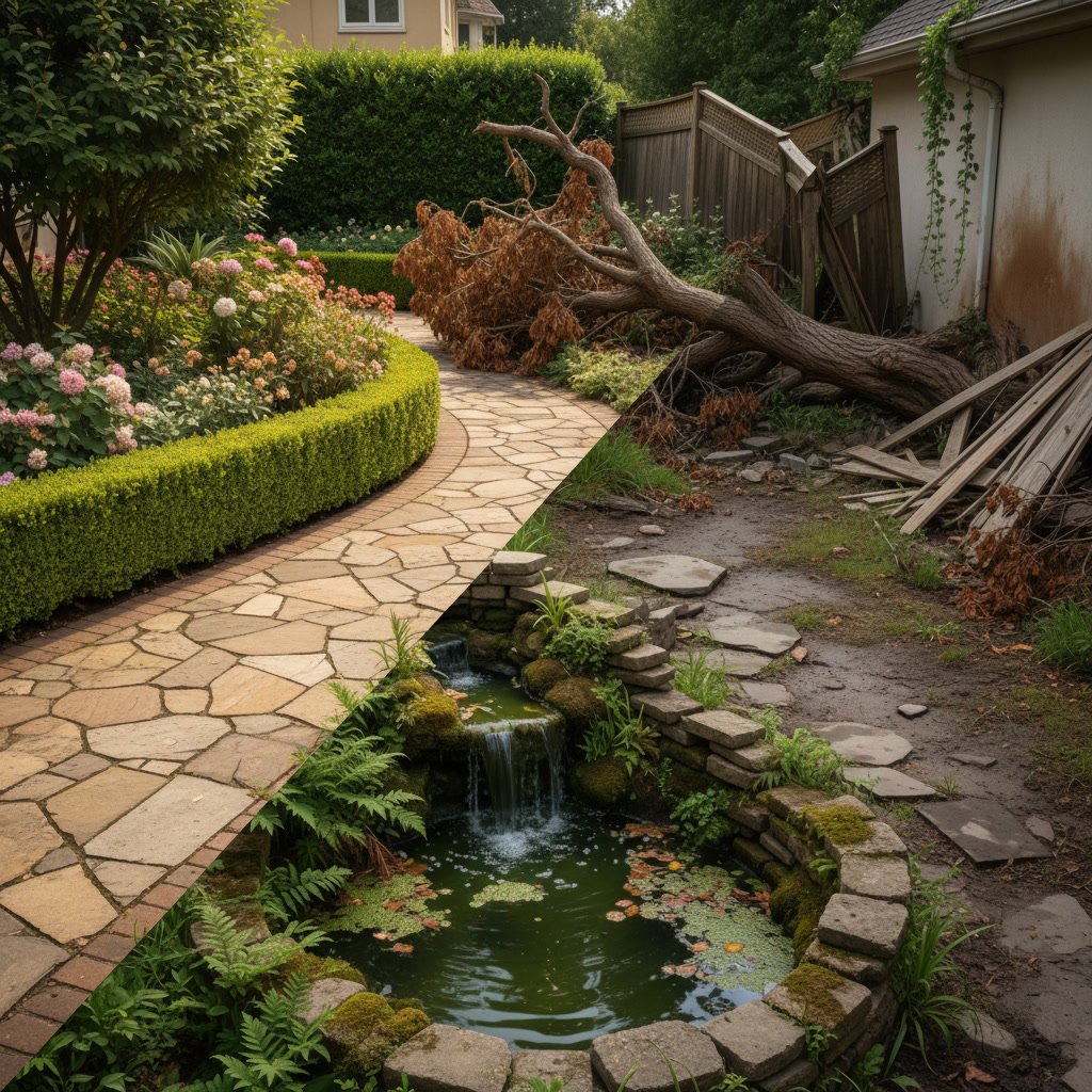 Warning signs of landscape damage including dead patches, drainage issues, and overgrown vegetation