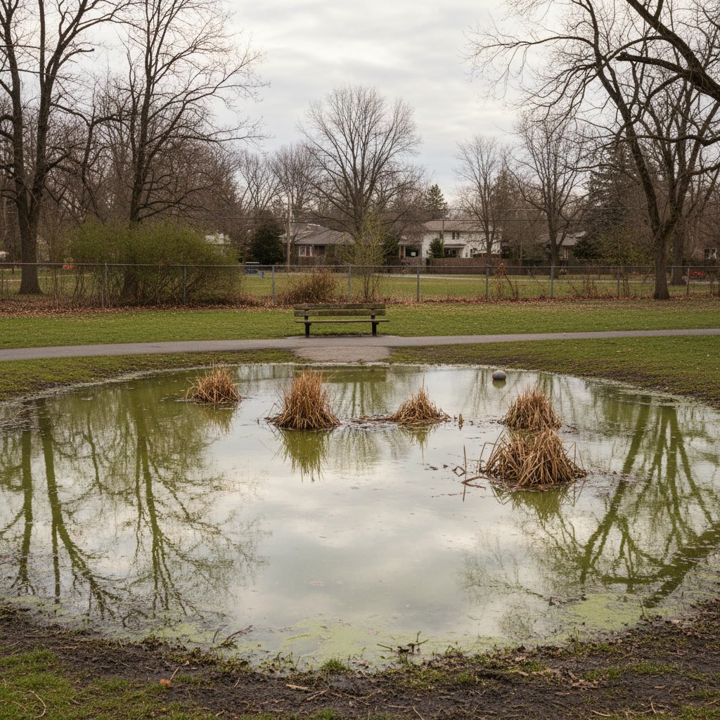 Standing water pooling in yard indicating drainage problems requiring immediate landscape maintenance