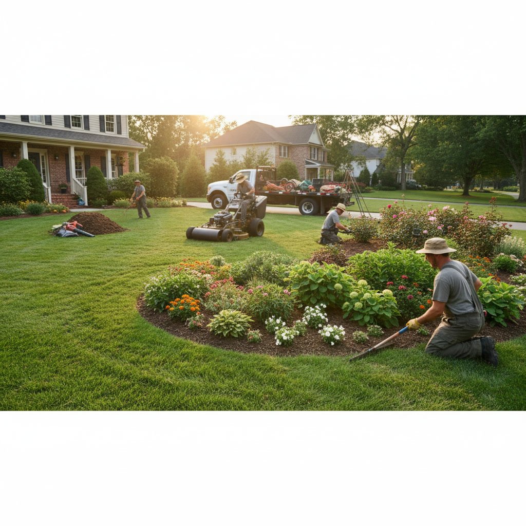 Professional landscaping crew performing full service lawn maintenance with edging and trimming