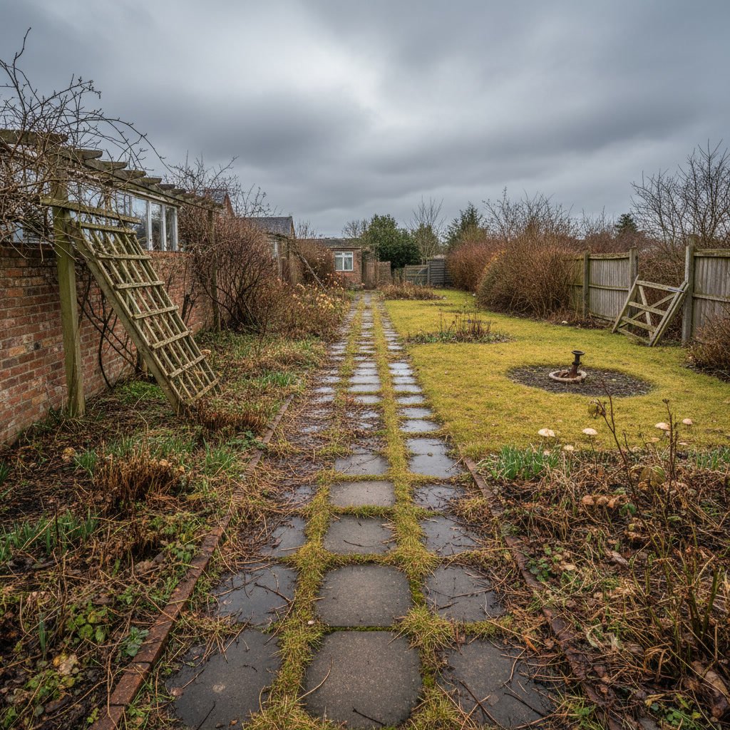 Professional landscape maintenance specialist inspecting outdoor property for signs of damage and maintenance